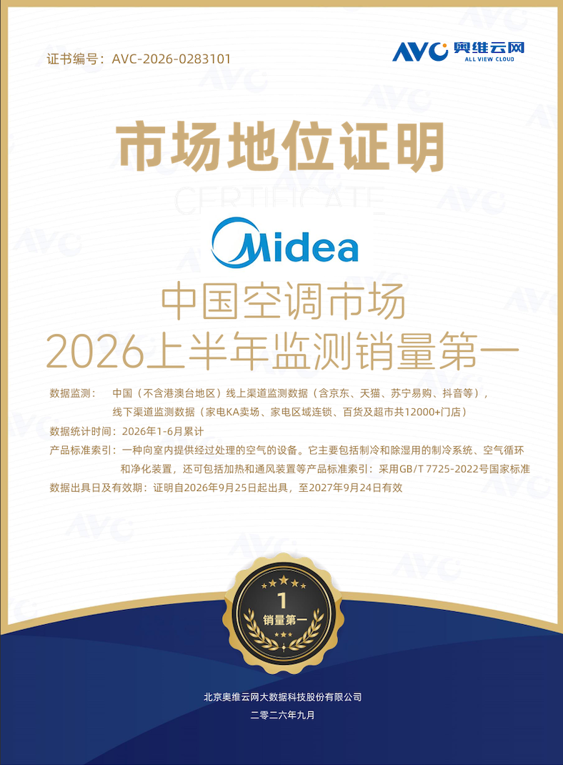 奥维云网：美的空调稳居2026上半年销量第一，家用空调、中央空调双线领跑 智能公会